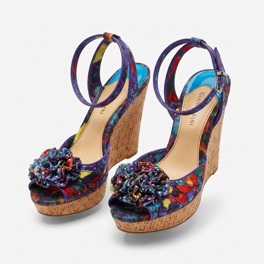 Gianni Bini Womens Floral Rhinestone Cork Wedge Sandals Multi Color Size 8